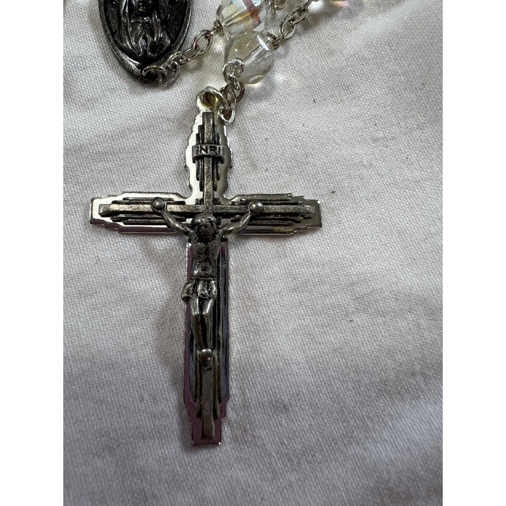 Set of 2 Catholic Rosaries Blue & Clear Glass Beads Silver Crucifix INRI Vintage - Picture 11 of 12